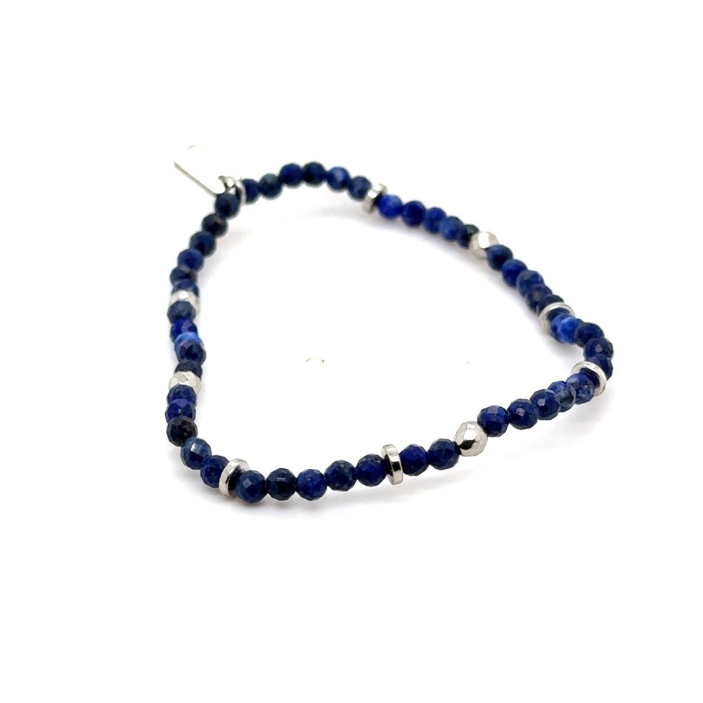 Pura Vida Blue Lapis Lazuli Beaded Stretch Bracelet Silver Tone Logo Charm
